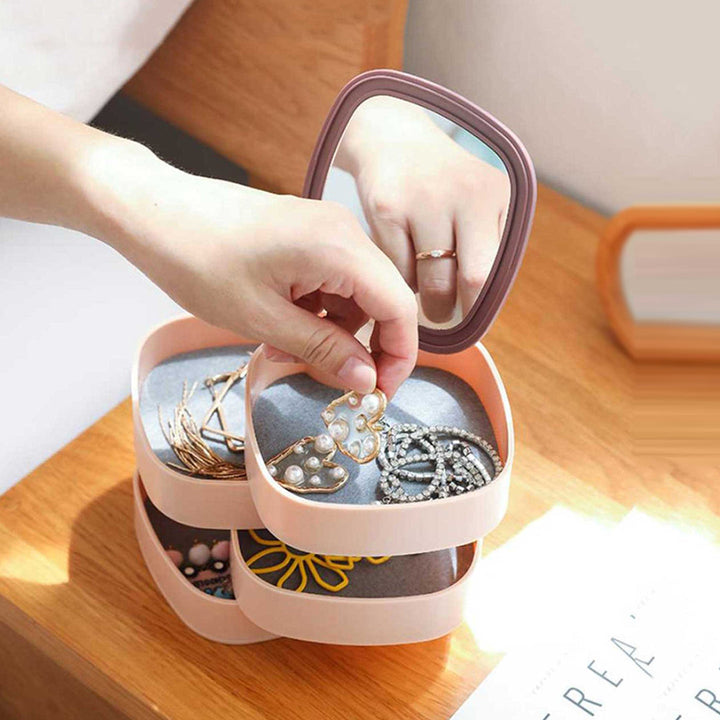 Jewelry Organizer Box with Mirror Rotating 360 Degree Rotating, Women, 4-Layer Accessory Box