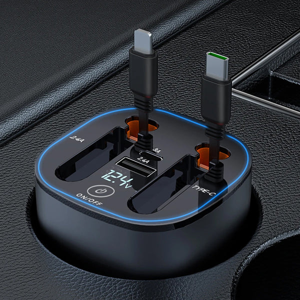 Car Charger with 2 Retractable Lightning & Type C Cables and 2 USB + Type C ports with Digital Display and LED Lighting
