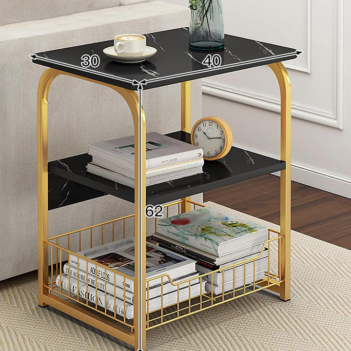 Modern Side Table with Two Shelves and Basket with a Sturdy Metal Frame and a Stable Base