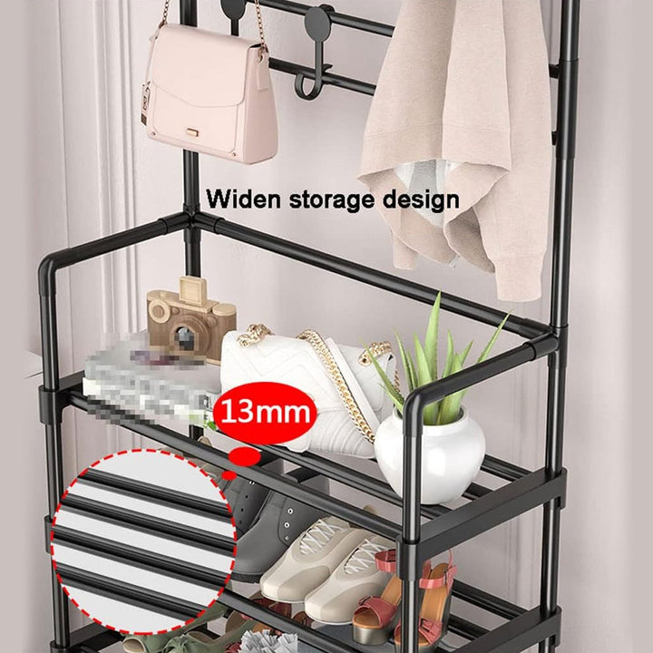 Multifunctional 3-Shelf Shoe Organizer Rack with 8 Hooks for Hanging Clothes & Hats