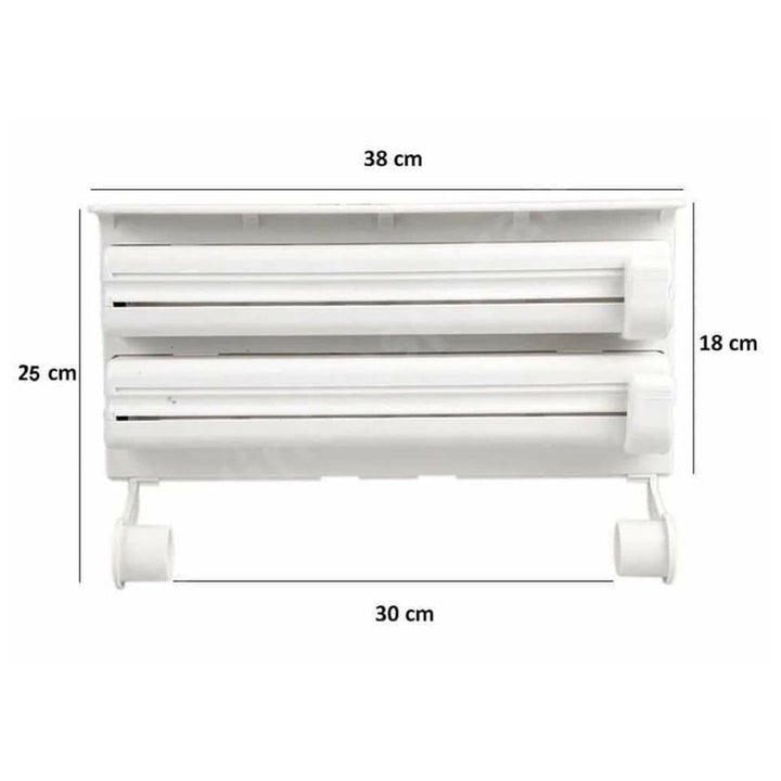 Triple Paper Dispenser | 4 in 1 Foil Cling Film Tissue Paper Roll Holder for Kitchen with Spice Rack