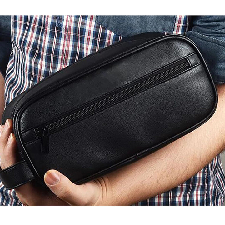 Men's Synthetic Leather Toiletry Organizer Bag Retro Wristlet Handbag Portable Cosmetic Case