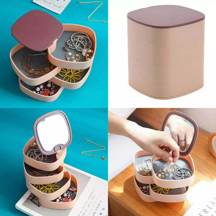 Jewelry Organizer Box with Mirror Rotating 360 Degree Rotating, Women, 4-Layer Accessory Box