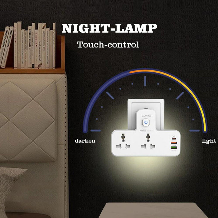 LDNIO 6 IN 1 POWER SOCKET(NIGHT LAMP,PD+QC 3.0 + 2.4 AMP FAST CHARGER)