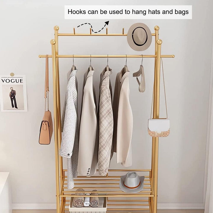 Metal Clothes Stand with 8 Hooks and 2-Tier Bottom Storage Rack