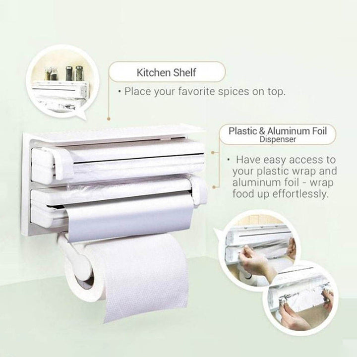 Triple Paper Dispenser | 4 in 1 Foil Cling Film Tissue Paper Roll Holder for Kitchen with Spice Rack