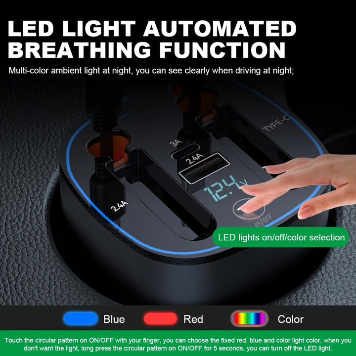 Car Charger with 2 Retractable Lightning & Type C Cables and 2 USB + Type C ports with Digital Display and LED Lighting
