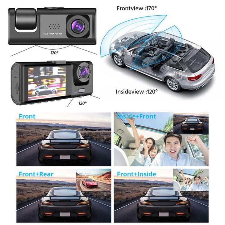 3-in-1 3-Channel (Front, Interior, and Rear) Car Camera HD 1080P Dash Cam