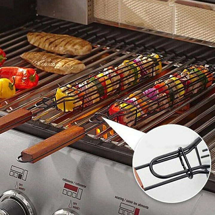 Portable Stainless Barbecue Grill Basket with Wooden Handle