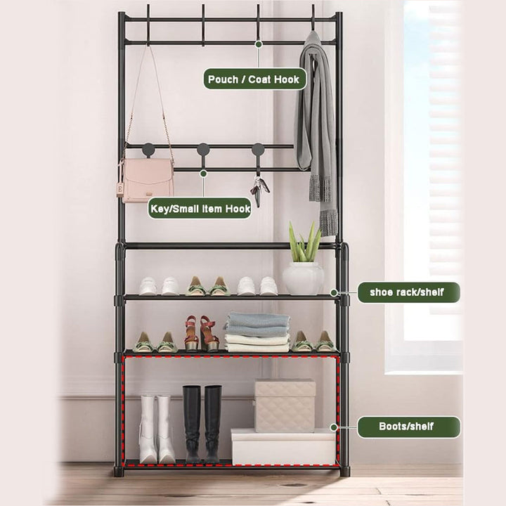 Multifunctional 3-Shelf Shoe Organizer Rack with 8 Hooks for Hanging Clothes & Hats