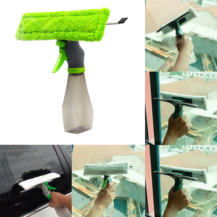 3 In 1 Window Cleaner Spray Bottle Wiper Squeegee Microfibre Cloth Pad Kit