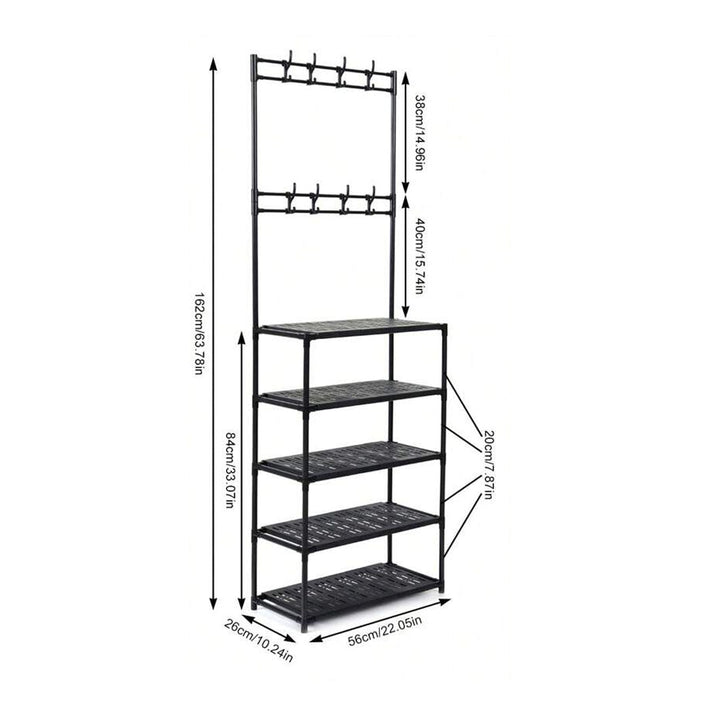 Multifunctional Shoe Organizer Rack with 5 Shelves and 8 Hooks Waterproof