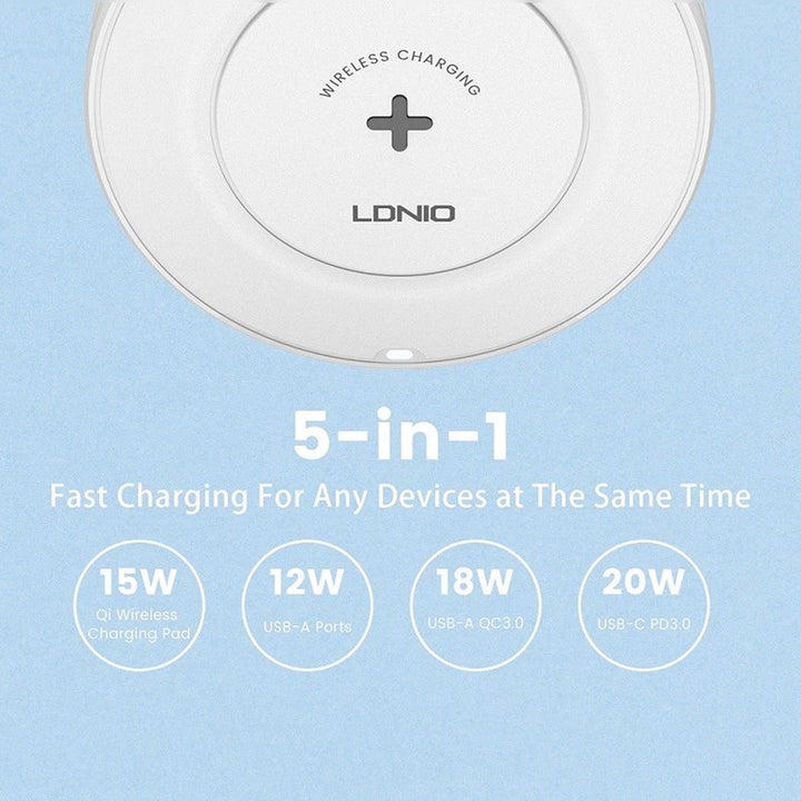 LDNIO 32W Desktop Wireless Charging Station with 4-Port PD/QC3.0 Fast Charging