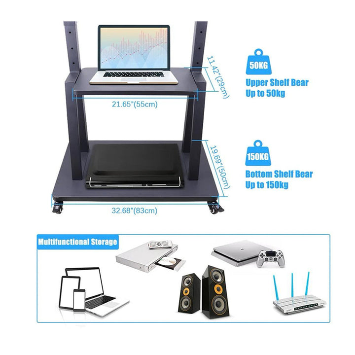 Rotatable and Adjustable Portable TV Monitor Stand with Movable Wheels for Mounting and Two Shelves