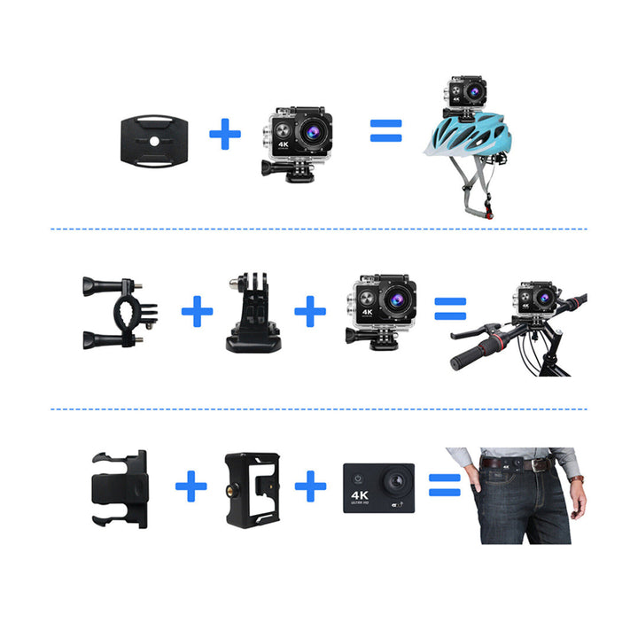 Action Cam 4K WiFi Waterproof Sports Camera 170 Degree HD Adjustable Viewing Angle 16MP