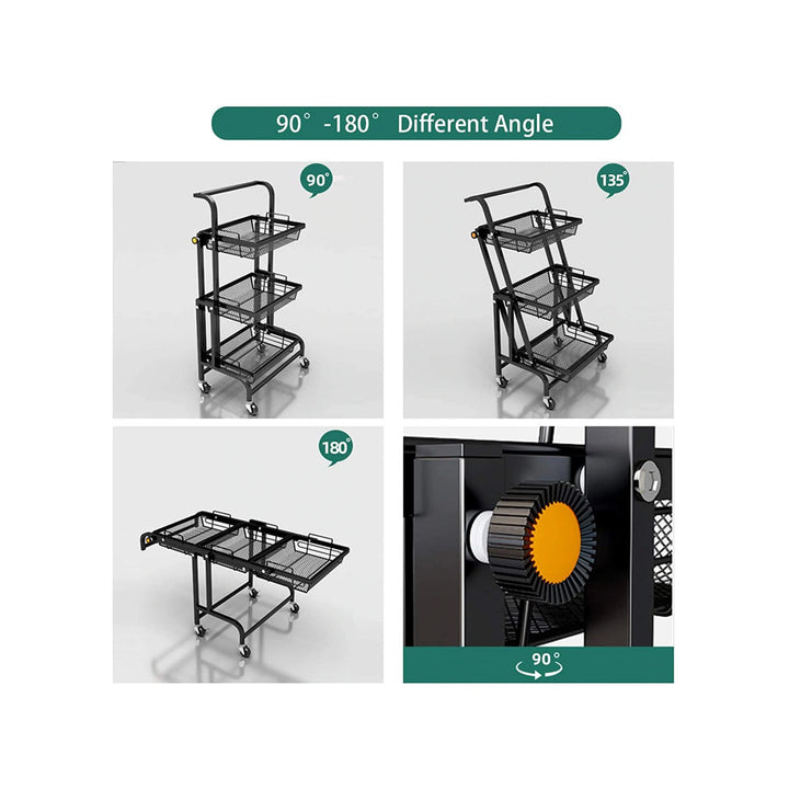 3 Tier Foldable Kitchen Cart for Multifunctional Use With Four Wheels