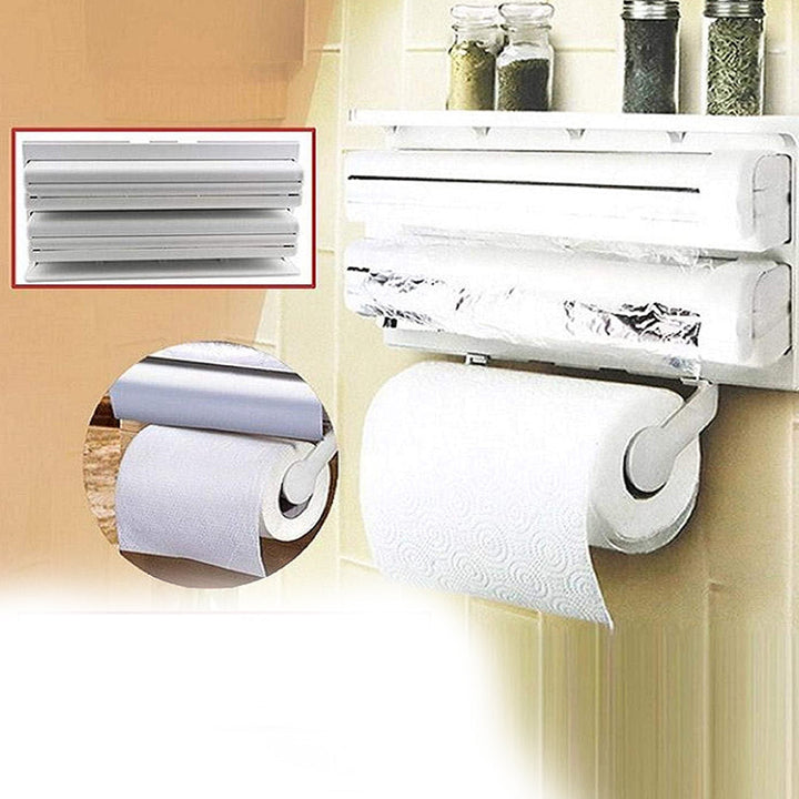 Triple Paper Dispenser | 4 in 1 Foil Cling Film Tissue Paper Roll Holder for Kitchen with Spice Rack