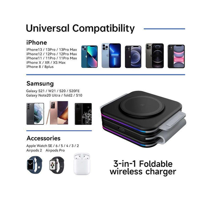 Multifunctional 3 in-1 15W Foldable Wireless Magnetic Charging Dock Space-Saving