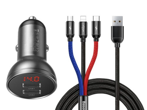 BASEUS 4.8A CAR CHARGER + 3 IN 1 USB CABLE 1.2M