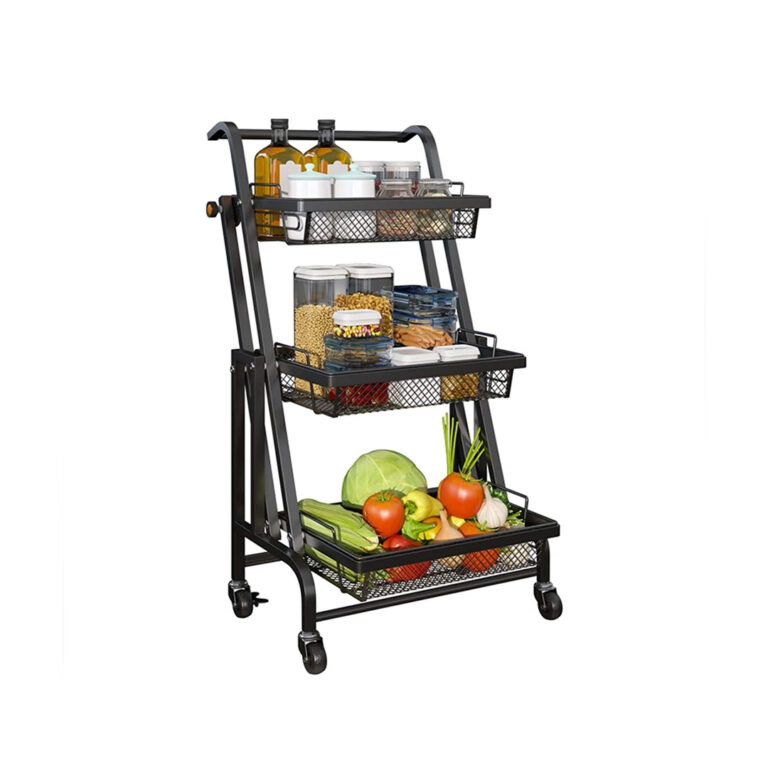 3 Tier Foldable Kitchen Cart for Multifunctional Use With Four Wheels