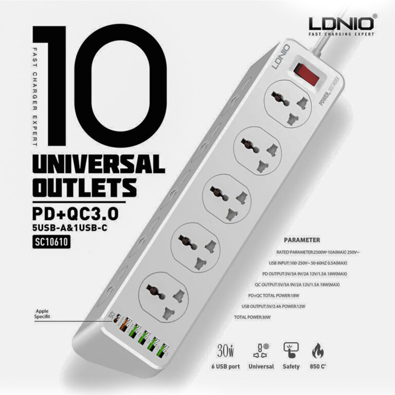 LDNIO SC10610 Slope Design Power Strip With 10 Outlets+5USB Ports+1PD Port