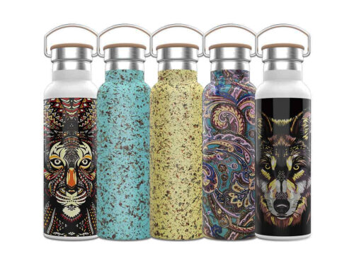 Green Pattern Stainless Steel Water Bottle With Double Vacuum Wall 600ml