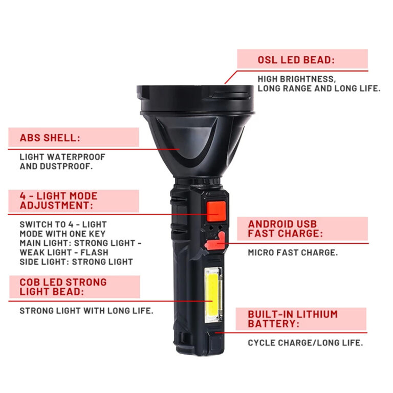 Super Bright Cob Side Light, LED Flashlight Built-in Battery Torch Portable USB Rechargeable