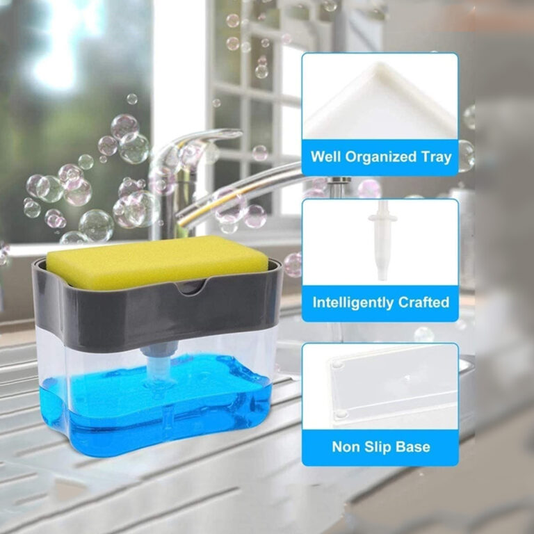 2 in 1 Sponge Rack Shelf Soap Detergent Dispenser Pump, Large Capacity with Sponge,