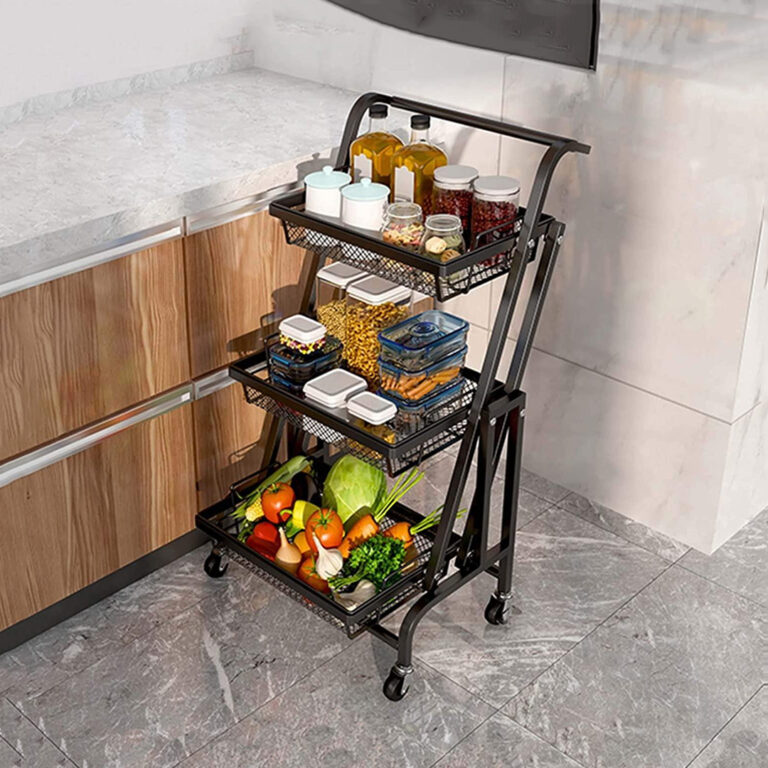 3 Tier Foldable Kitchen Cart for Multifunctional Use With Four Wheels