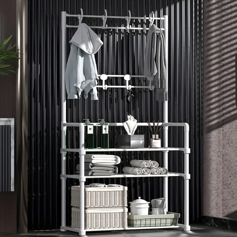 Multifunctional 3-Shelf Shoe Organizer Rack with 8 Hooks for Hanging Clothes & Hats