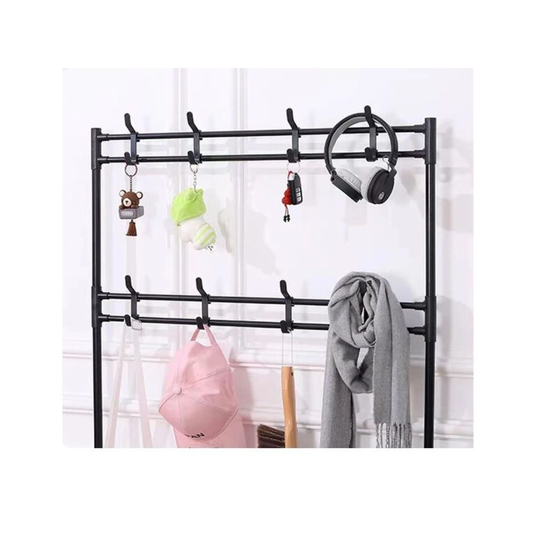 Clothes Organizer Stand with 4 Shoe Racks, 8 Hanging Hooks and Wheels for Easy Movement