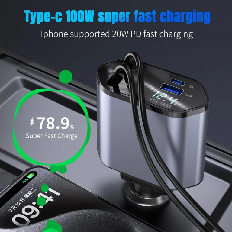 120W 4-in-1 Retractable Car Charger with 2 Charging Cables