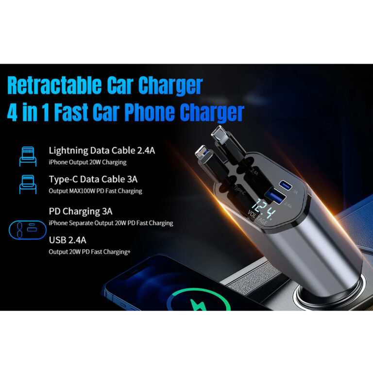 120W 4-in-1 Retractable Car Charger with 2 Charging Cables